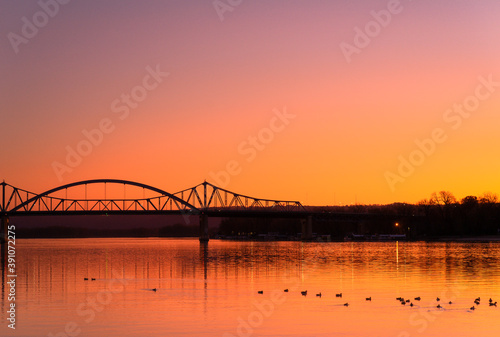 Fall sunset on the Mississippi River in La Crosse, Wisconsin photo