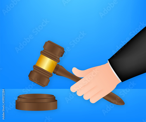 wooden judge gavel and soundboard isolated on white background.