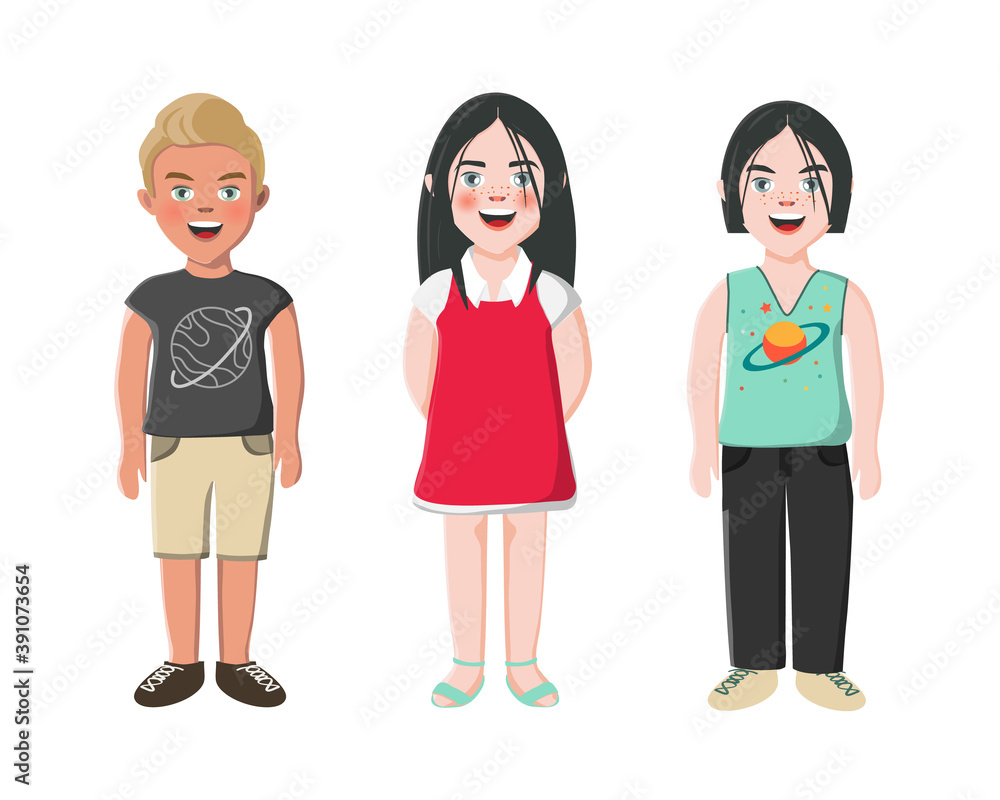 Multiethnic friends. Three different kid faces. Asian, african and caucasian standing in summer clothes. isolated vector illustration