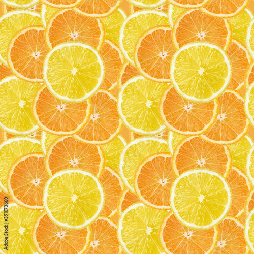 Seamless pattern, orange and lemon fruit slices.