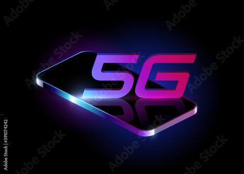 5G network and smartphone isometric vector design. Futuristic logo concept of fifth generation broadband technology. 