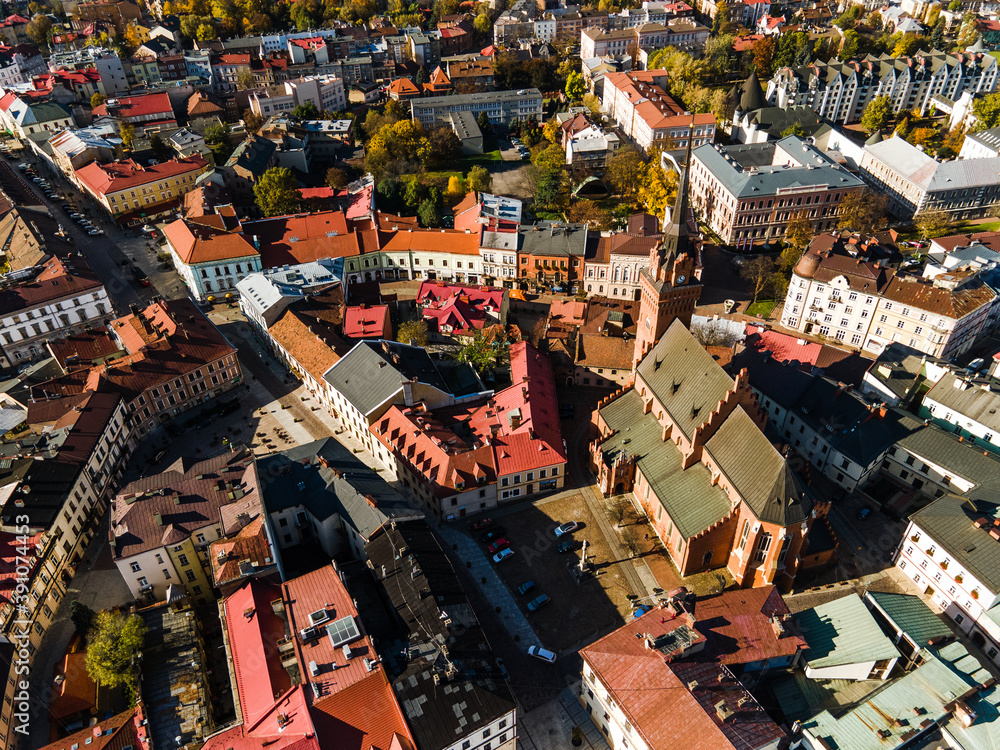 Panoramic Aerial View of Tarnow Town and Cathedral Church in Poland. Aerial Drone View