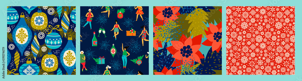 Christmas seamless patterns with dancing women and New Year symbols. Vector.
