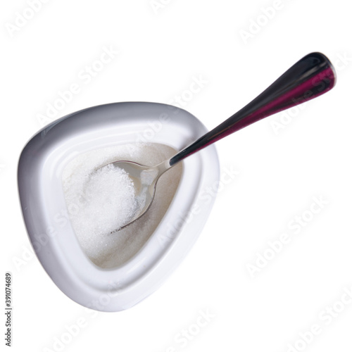 White sugar bowl with teaspoon on white background isolation, top view