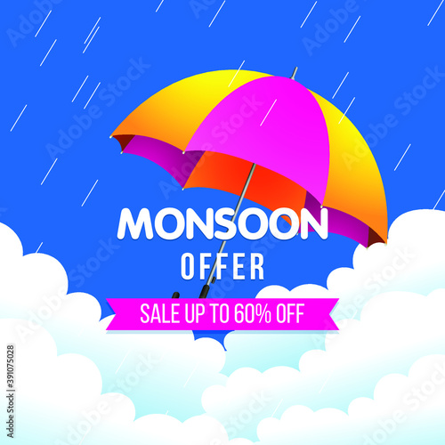Monsoon Sale Offer Concept, Template, Banner, Logo Design, Icon, Poster, Label, Web Header, Background Mnemonic with Umbrella over it. Monsoon season raining drops. Eps10 vector illustration.