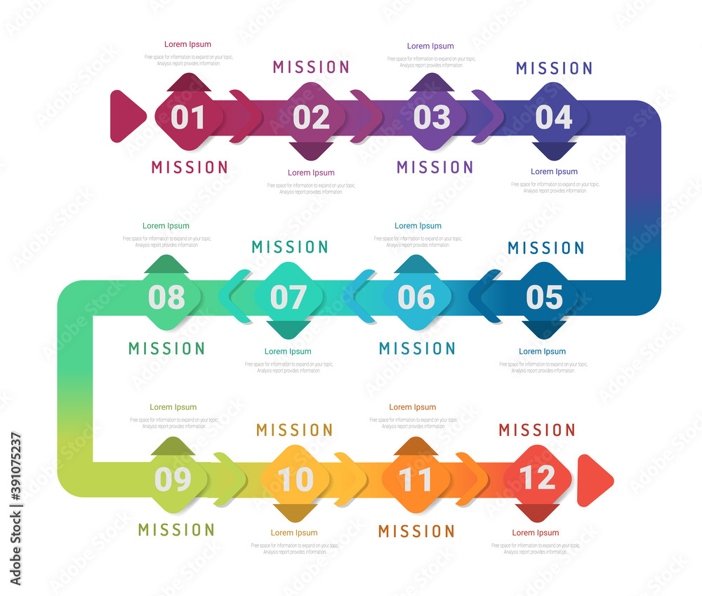 Timeline for 1 year, 12 months, infographics month planner design vector 12 steps and Presentation business can be used for Business concept with 12 options, steps or processes. 