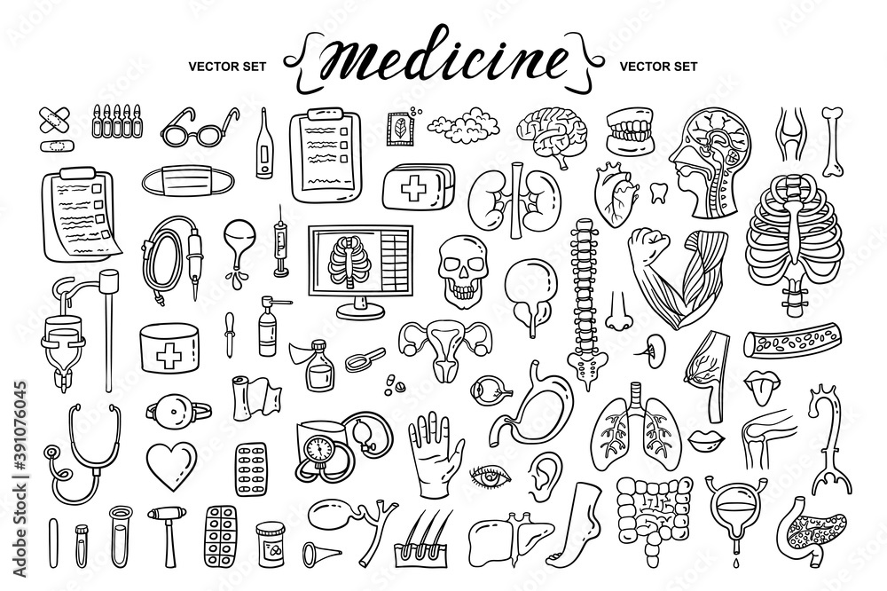 Vector cartoon set on the theme of medicine, human organs, anatomy. Isolated hand drawn doodles, icons. Treatment, health and healthcare symbols. Line art for use in design Vector cartoon set on the theme of medicine, human organs, anatomy. Isolated hand drawn doodles, icons. Treatment, health and healthcare symbols. Line art for use in design