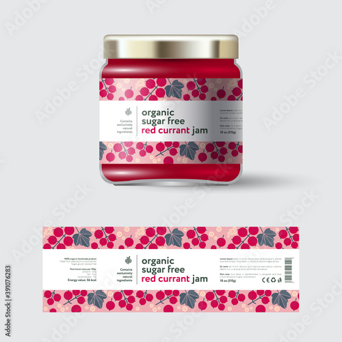 Red Currant Jam label and packaging. Jar with cap with label. White strip with text and on seamless pattern with berries, flowers and leaves.