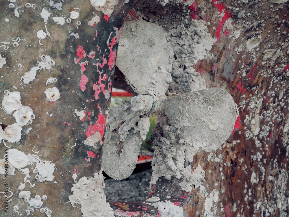 A grey ship's propeller covered in corrosion and seashells A grey ship's propeller covered in corrosion and seashells
