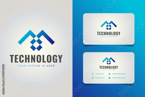 Initial letter M forms a house in blue gradient concept, suitable for technology or communication company logo