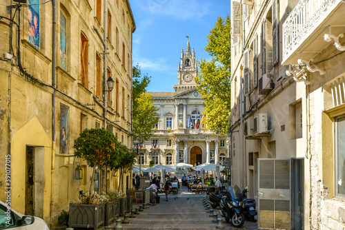 Photos The main square and Avignon City Hall on a summer day with a large cafe with out