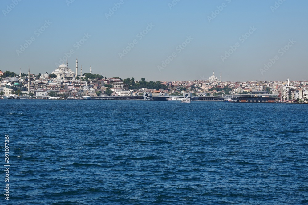 View from the Bosphorus on Historic peninsula, Istanbul, Turkey, July 2018