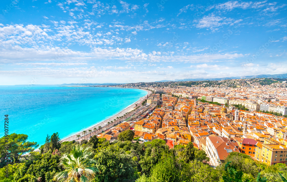 View of the city and Old Town Vieux Nice, France, from Castle Hill along the French Riviera and Bay of Angels on the Mediterranean Sea.