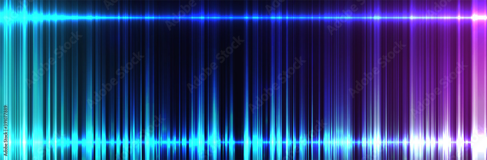 Frequency background. Saturated bright digital wave on dark wide backdrop. Signal visualization. Futuristic vector illustration