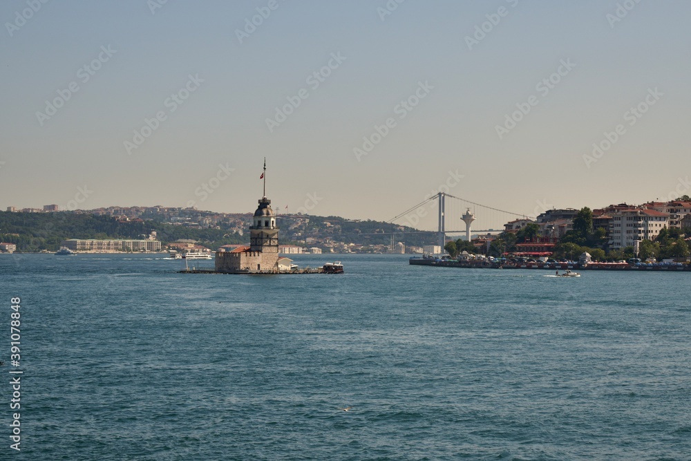 View of the Bosphorus and Maiden's Tower, Uskudar, Istanbul, Turkey, July 2018