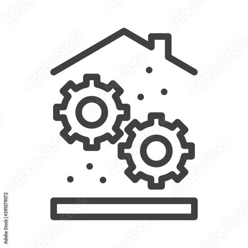 Home settings icon. Mechanical gears under the roof. Simple linear image. Isolated vector on white background.