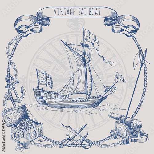 Adventure stories. Pirate background. Old caravel, vintage sailboat. Cannon, ghost ship, shipwreck, sea battle