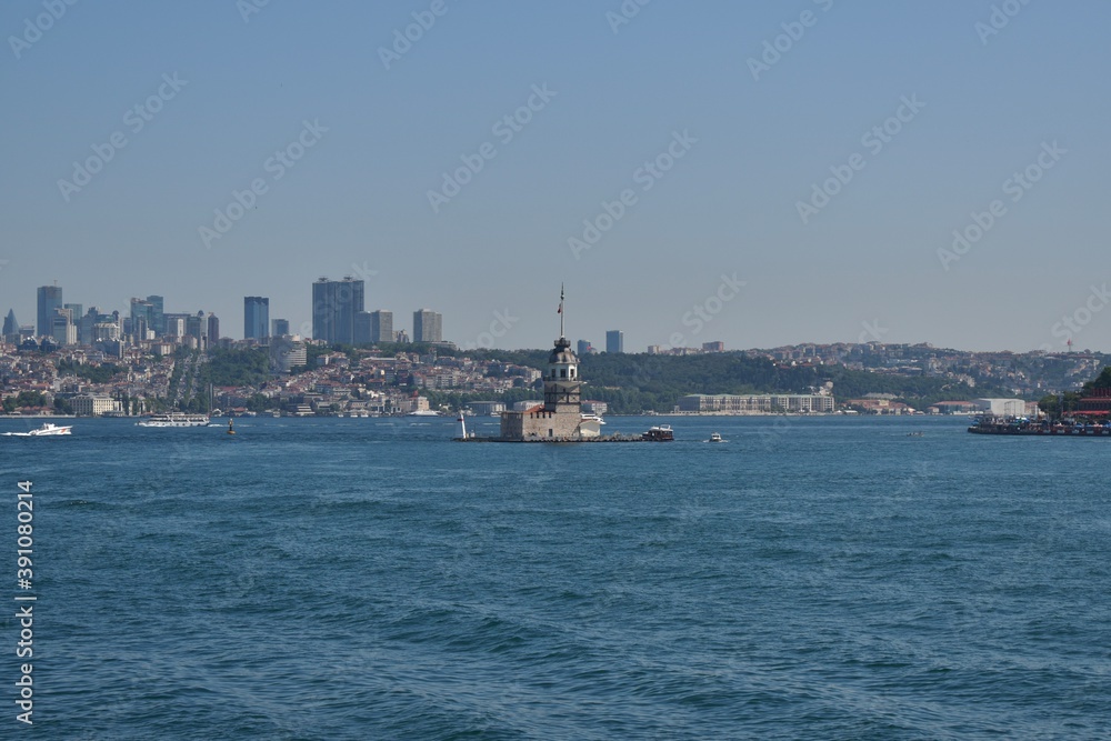 View of the Bosphorus and Maiden's Tower, Uskudar, Istanbul, Turkey, July 2018