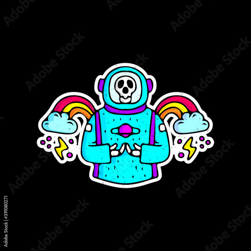 Skull in astronaut suit holding planet, illustration for t shirt, poster, logo, sticker, or apparel merchandise.