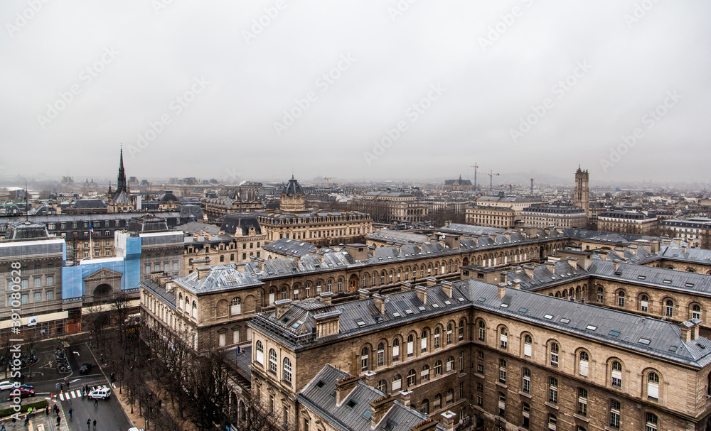 Paris city skyline in cloudy day from the top of Notre Dame Cathedral, Paris, France