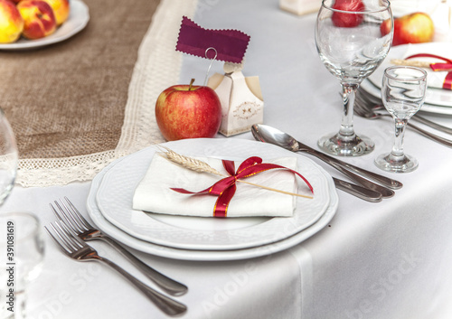 Elegant tables set up for a wedding banquet