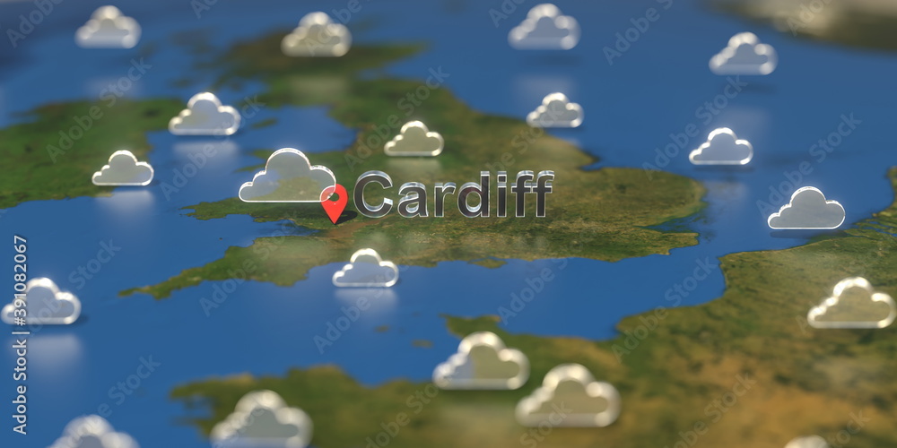 Cloudy weather icons near Cardiff city on the map, weather forecast related 3D rendering Cloudy weather icons near Cardiff city on the map, weather forecast related 3D rendering