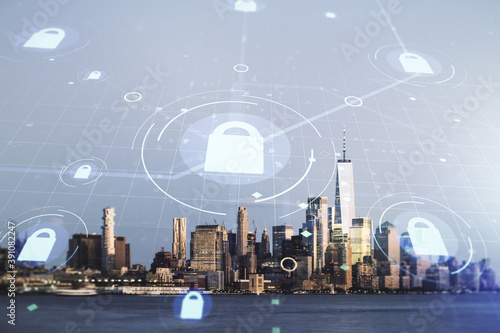 Virtual creative lock symbol and microcircuit illustration on New York city skyline background. Protection and firewall concept. Multiexposure