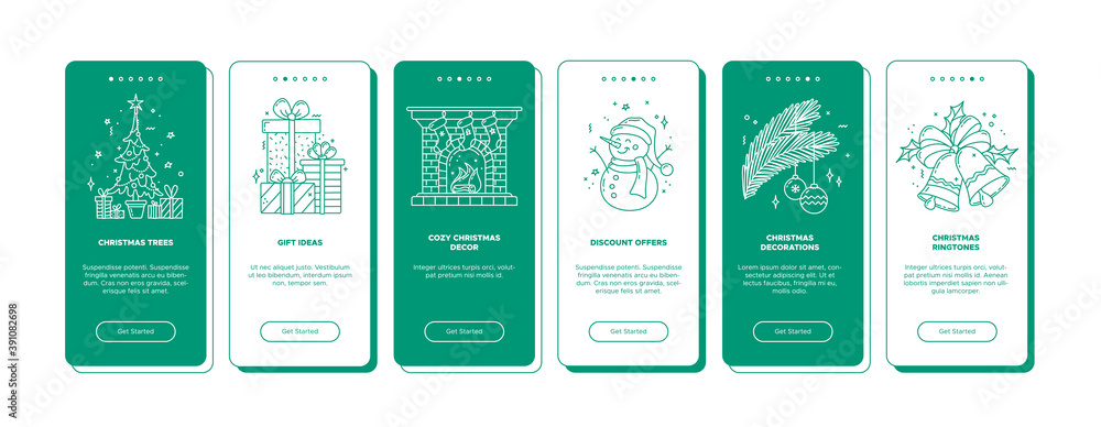 Christmas onboarding app screens with linear icons. Monocolor user interface. UX, UI, GUI screen templates for mobile applications. Editable stroke. Christmas trees, discount offers, festive ringtones