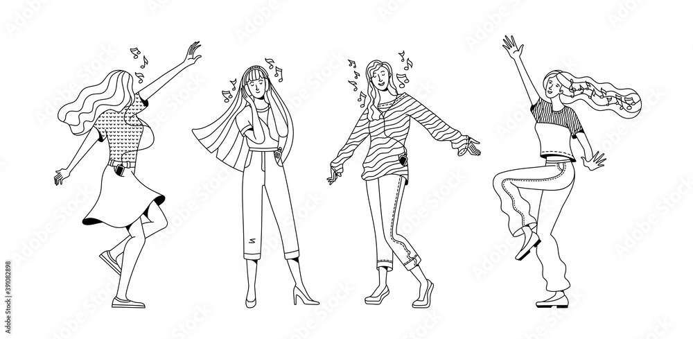 Obraz premium Collection of happy women enjoying music vector linear illustration. Flat duotone joyful female characters dancing at party. Music notes in the air. Cartoon good mood and positive thinking concept