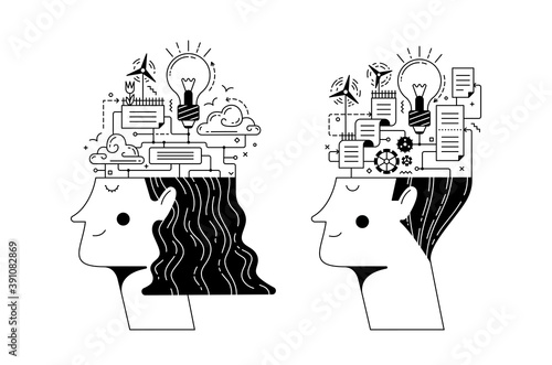 Positive man and woman heads full of connected details and schemes as concept of mental process operations and health on white background cartoon illustration