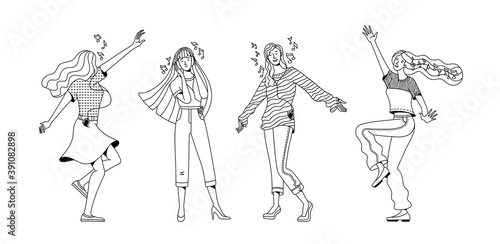 Collection of happy women enjoying music vector linear illustration. Flat duotone joyful female characters dancing at party. Music notes in the air. Cartoon good mood and positive thinking concept