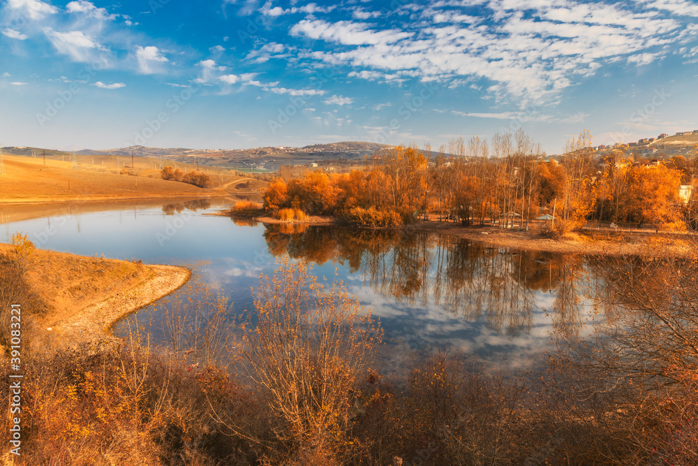 Lake in a village in one of the regions of Azerbaijan in autumn