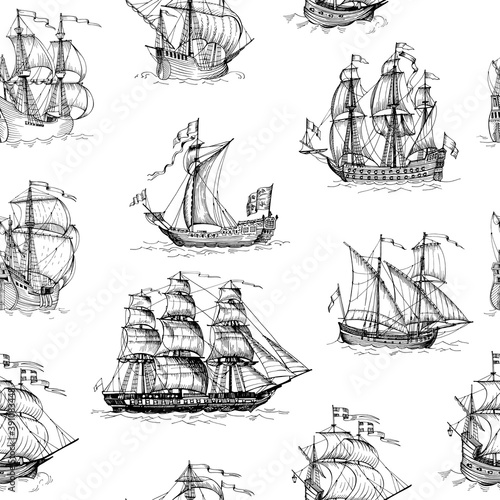 Old caravel, vintage sailboat. Hand drawn vector sketch. Detail of the old geographical maps of sea. Vector seamless pattern