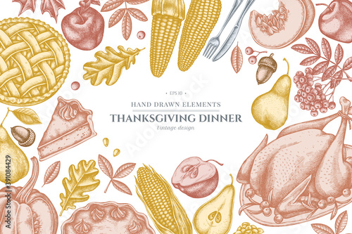 Design with pastel colored pumpkin, fork, knife, pears, turkey, pumpkin pie, apple pie, corn, apples, rowan, maple, oak
