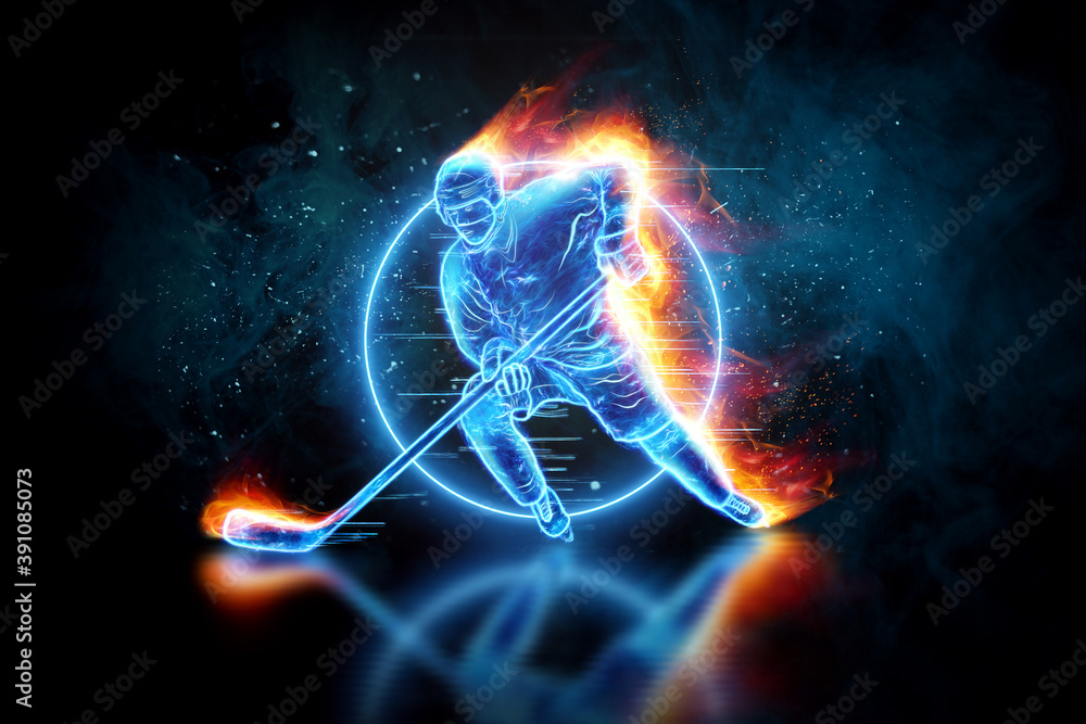 Obraz Silhouette of a hologram of a hockey player on fire on a dark background. The concept of sports, speed, sports betting. 3D illustration, 3D render. fototapeta, plakat