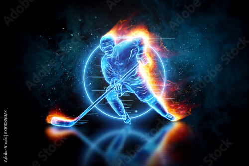 Silhouette of a hologram of a hockey player on fire on a dark background. The concept of sports, speed, sports betting. 3D illustration, 3D render.