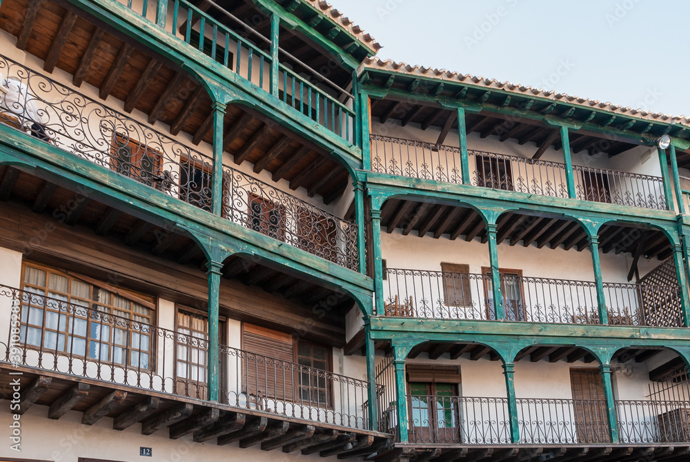 Typical balcony of the Chinchon square, Madrid. Spain