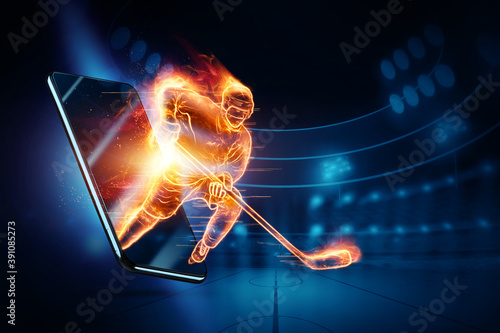 Online sports, silhouette of a hologram of a hockey player bursts out of a smartphone. The concept of sports, speed, rates. 3D illustration, 3D render. photo