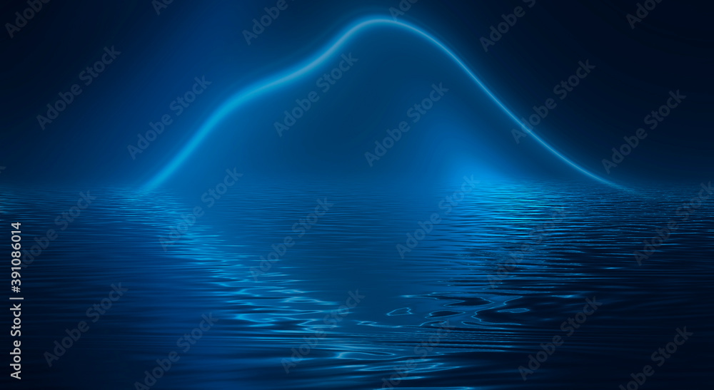 Fototapeta premium Abstract blue background with smooth lines and rays. Neon liquid, water overflows, waves.
