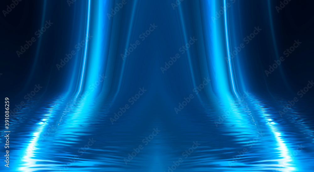 Fototapeta premium Abstract blue background with smooth lines and rays. Neon liquid, water overflows, waves.