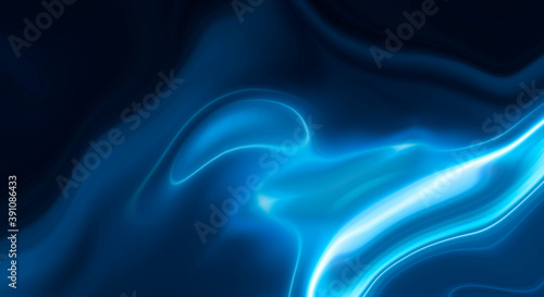 Abstract blue background with smooth lines and rays. Neon liquid, water overflows, waves.