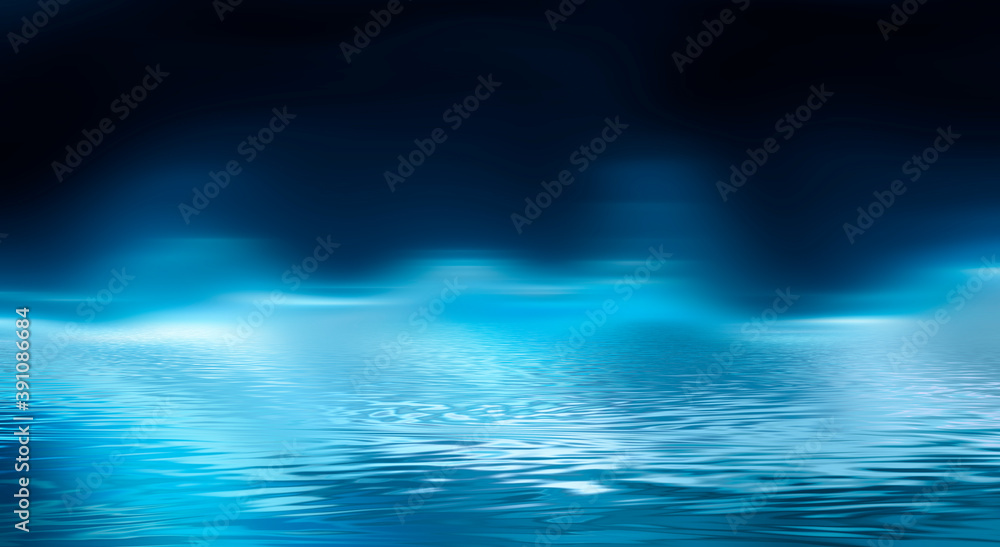 Abstract blue background with smooth lines and rays. Neon liquid, water overflows, waves. Abstract blue background with smooth lines and rays. Neon liquid, water overflows, waves.
