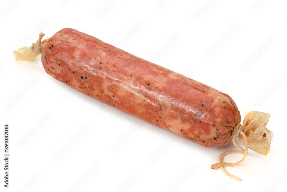 Large smoked sausage piece isolated on white background Large smoked sausage piece isolated on white background