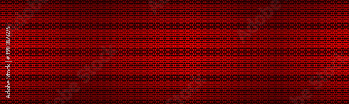 Perforated red metallic header. Metal texture banner. Simple texnology illustration. Circle, rounded rectangle and oval perforated