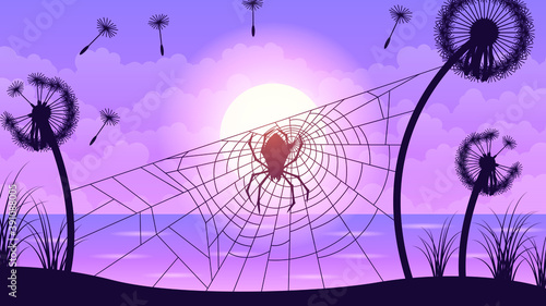 Spider Web Background With Clouds And Sun Halloween Design Elements Spooky Scary Horror Decor Vector