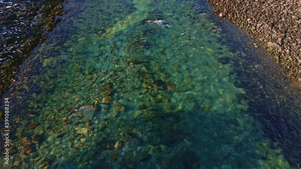 Flying along a crystal clear turquoise glacial river on a cold autumns day. Flying along a crystal clear turquoise glacial river on a cold autumns day.
