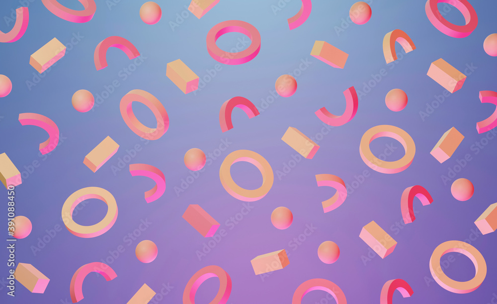 3D background neo memphis pattern in the 80s style of Abstract pink geometric shapes, sphere, cylinder, rings, half rings falling in space on a blue background with pink neon lights. 3d illustration 3D background neo memphis pattern in the 80s style of Abstract pink geometric shapes, sphere, cylinder, rings, half rings falling in space on a blue background with pink neon lights. 3d illustration