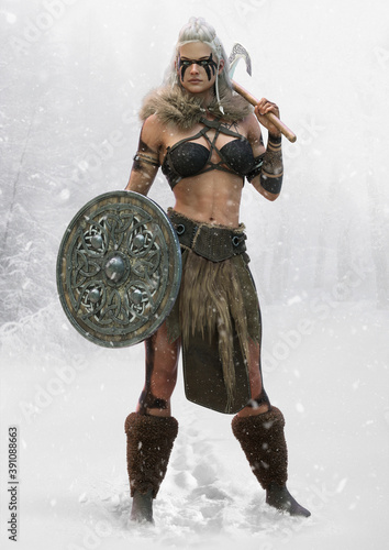 Принти на полотні Portrait of a fierce viking woman standing ready for battle with an axe and shield and a snowing forest landscape background