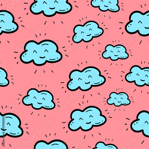 Seamless pattern with clouds, pink background, vector illustration