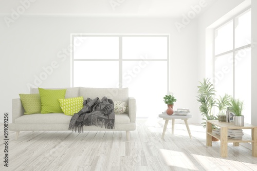 White living room with sofa. Scandinavian interior design. 3D illustration